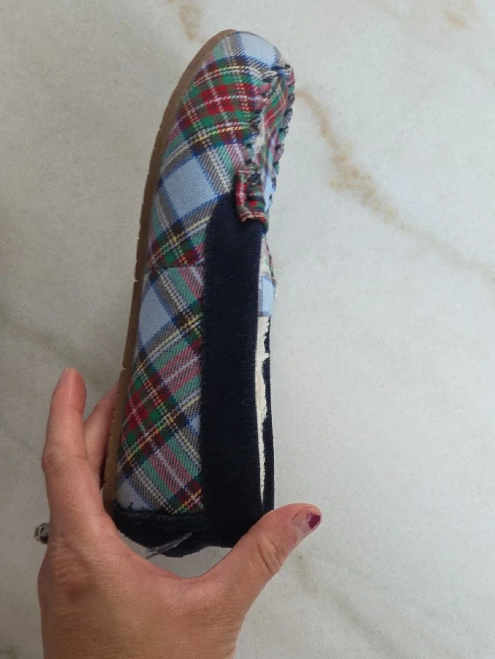 Lands' End Blue Plaid Sherpa-Lined Moccasin Slippers Size 2